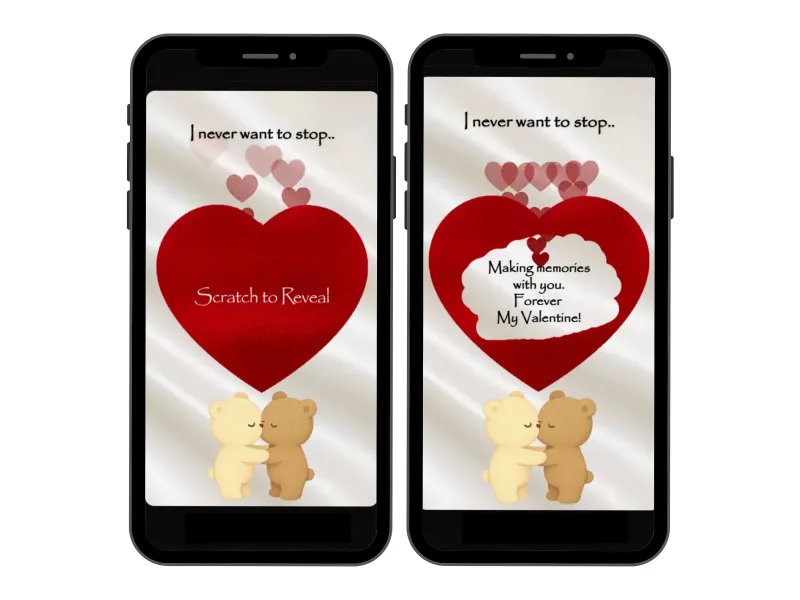 Teddy bear love scratch card on two phones, red heart above two kissing teddy bears scratched to reveal a Valentine love note