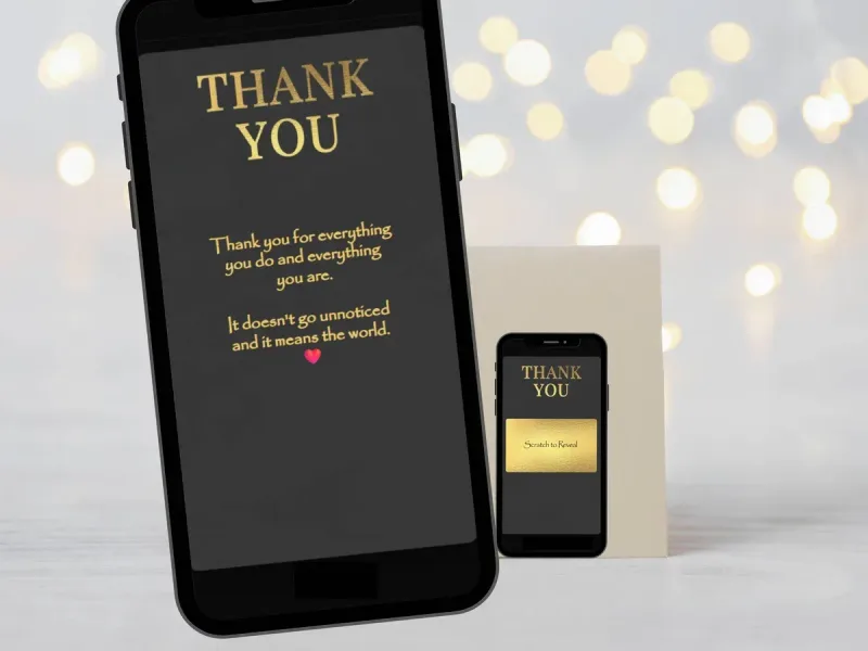 Black and gold thank you scratch card with bold gold text and a wide gold panel
