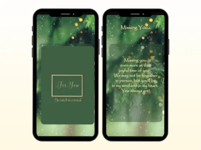 Thinking of you scratch card on two phones with green greenery screens, For You panel scratched to reveal a Missing You message