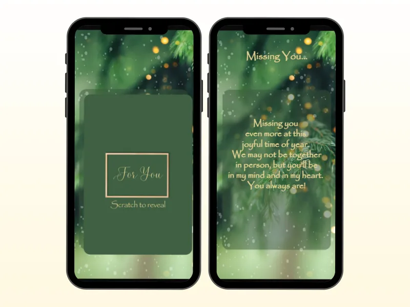 Thinking of you scratch card on two phones with green greenery screens, For You panel scratched to reveal a Missing You message