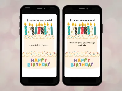 Tiered birthday cake digital scratch card on two phones: a cake with candles and a scratch panel on the middle tier, and the revealed birthday message
