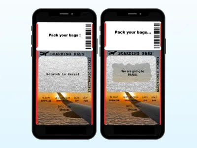 Trip reveal scratch card on two phones, boarding pass with a silver scratch panel revealing the surprise destination