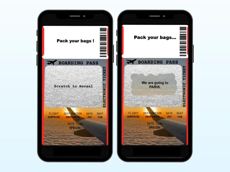 Trip reveal scratch card on two phones, boarding pass with a silver scratch panel revealing the surprise destination