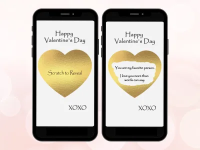 Happy Valentine's Day digital scratch card on two phones, gold heart scratched to reveal a love message signed XOXO