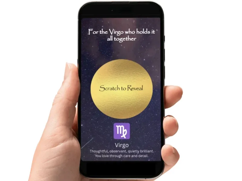 Virgo zodiac birthday scratch card with a starry night sky and a glowing gold circle