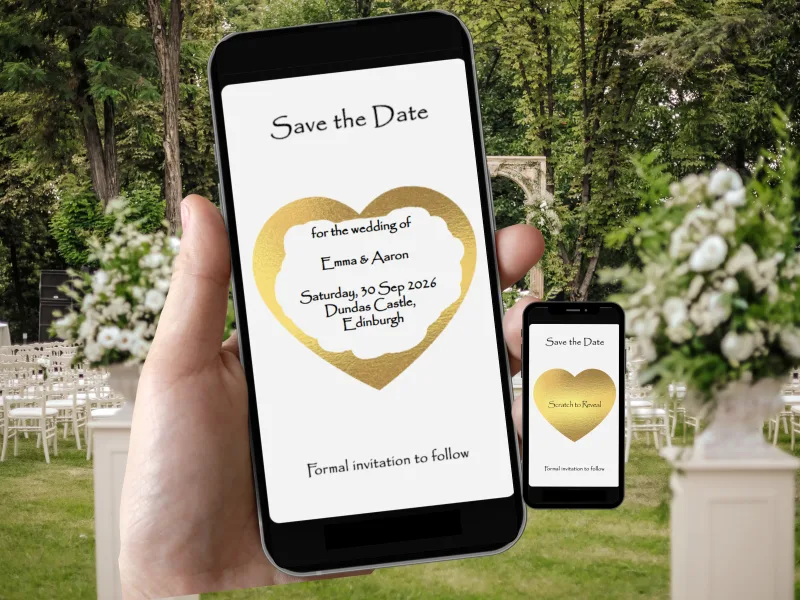 Wedding save the date digital scratch card on a phone held in a garden ceremony setting, gold heart scratched to reveal the couple's names, date and venue