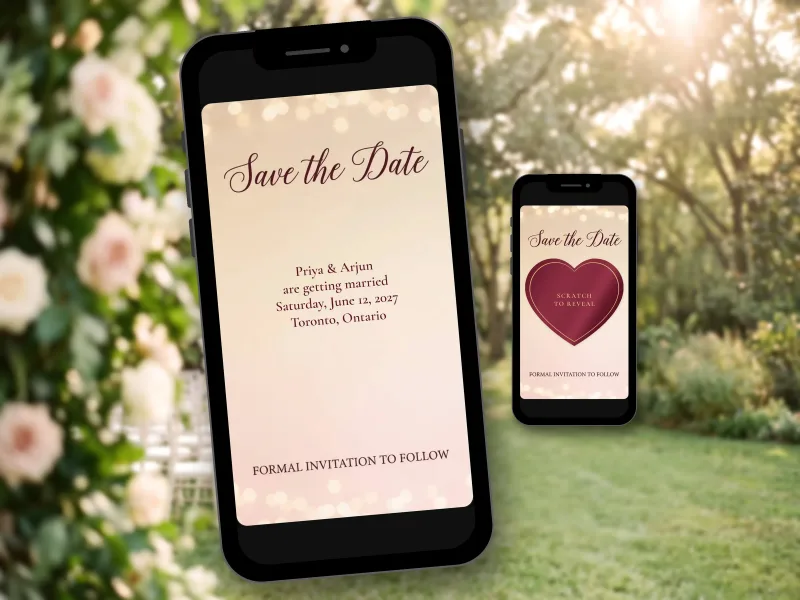 Wedding save the date digital scratch card on a phone in a garden ceremony setting: names, date and city revealed under Save the Date, beside a phone with the burgundy heart scratch foil
