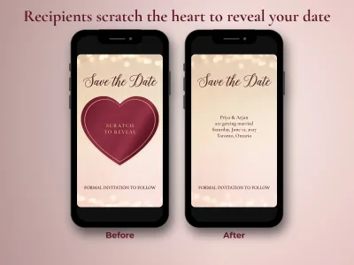 Before and after: recipients scratch the burgundy heart on the save the date card to reveal the couple's names, wedding date