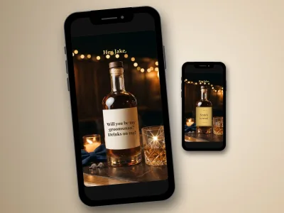 Groomsman proposal scratch card on a phone, whiskey bottle with the question revealed on its label