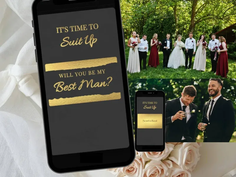 Will you be my best man scratch card with dark background, gold suit up text and a gold bar to scratch