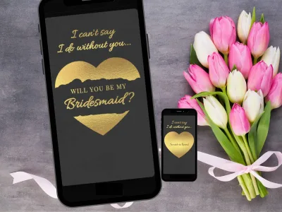 Will you be my bridesmaid scratch card with dark background, gold script and a gold heart to scratch