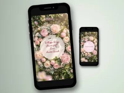 Will you be my flower girl scratch card on a phone, pink peony wreath with the question revealed