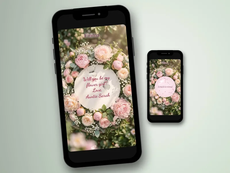 Will you be my flower girl scratch card on a phone, pink peony wreath with the question revealed