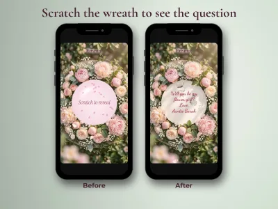 Before and after: pink wreath foil on the flower girl card, then her name and the question revealed