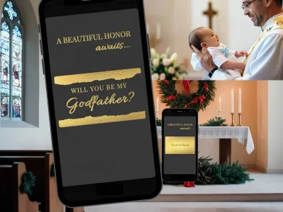Will you be my Godfather digital scratch card with dark background, gold honor awaits text and gold bar scratch reveal