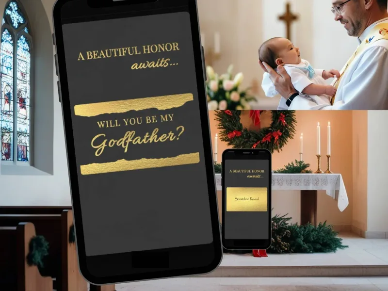 Will you be my Godfather digital scratch card with dark background, gold honor awaits text and gold bar scratch reveal