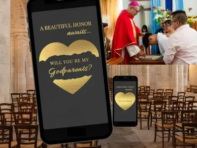 Will you be my Godparents digital scratch card with dark background, gold honor awaits text and gold heart scratch reveal