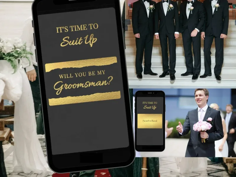 Will you be my groomsman scratch card with dark background, gold suit up text and a gold bar to scratch