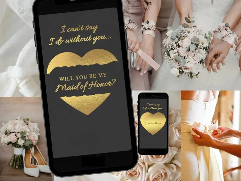 Will you be my maid of honor scratch card with dark background, gold script and a gold heart to scratch
