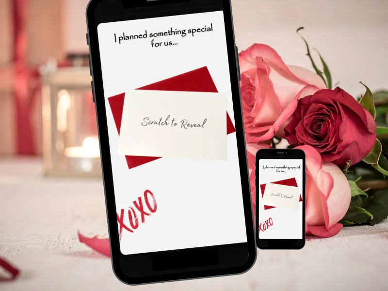 XOXO romantic scratch card on a phone with red roses, red envelope note card with a Scratch to Reveal foil